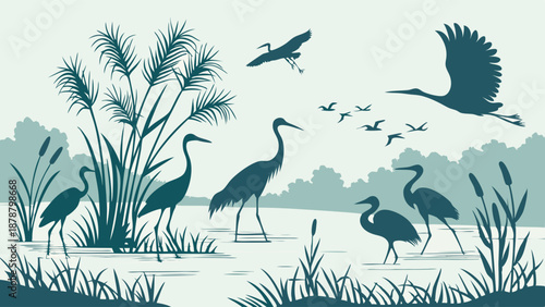 Serene Heron and Egret Wildlife Silhouette Wading in Marsh Habitat for Nature Documentary or Environmental Web Design Background