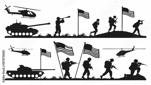 Military Soldiers Combat Action Silhouette Set Veterans Day Memorial Day War Service Infantry Tank Helicopter Flag