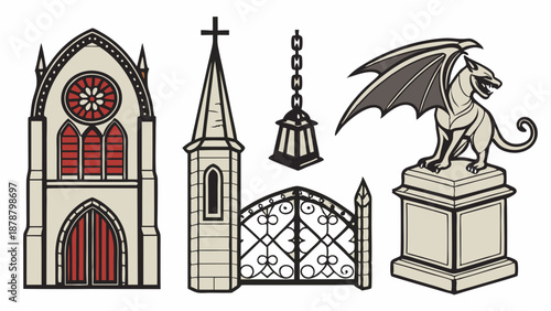 Gothic Cemetery Architecture Set Spooky Church Entrance Gate Gargoyle Statue Design Element for Halloween Horror Projects