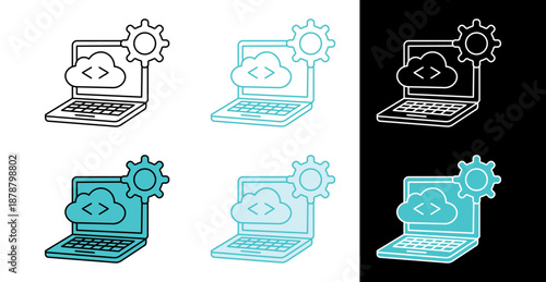 Laptop cloud and gear icon for cloud computing and software development in line and fill style