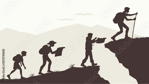 Hikers Evolving Through Stages of Challenge Overcoming Obstacles for Career Growth and Success Journey