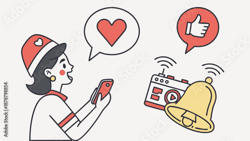 Young Woman Receiving Social Media Likes and Notification Bell Alerts While Using Mobile Phone for Content Creation and Engagement