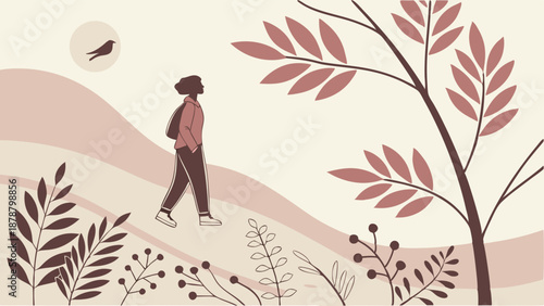 Woman Walking Outdoors on Nature Trail for Wellness and Mental Health Retreat Promotion Minimalist Autumn Scene