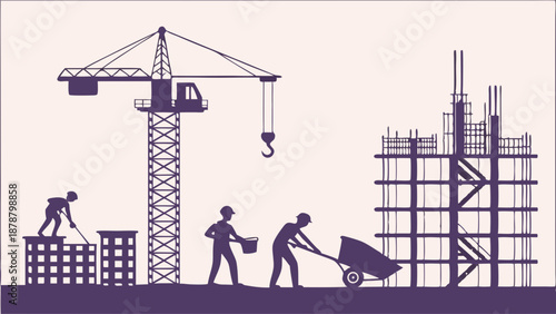 Construction Workers Building High Rise Structure With Tower Crane For Real Estate Development And Infrastructure Projects