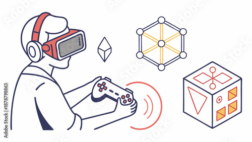 Gamer Wearing VR Headset Holding Controller Exploring Virtual Reality Metaverse Technology and 3D Geometric Data Structures