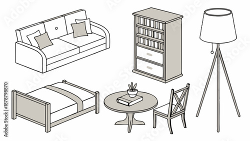 Cozy Home Furniture Set Isometric Line Art Icons for Interior Design Web Layouts and Real Estate Brochures