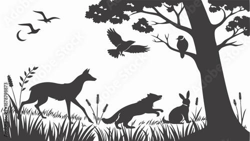 Wildlife Silhouette Scene Deer Wolf Rabbit Birds in Forest Meadow for Nature Ecology Design Projects