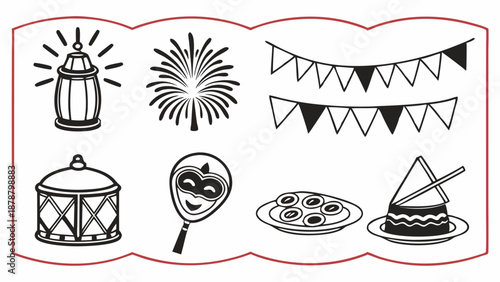 Festive Celebration Icons Set Lantern Drum Mask Fireworks Bunting Food for Party Invitations Holiday Design Elements