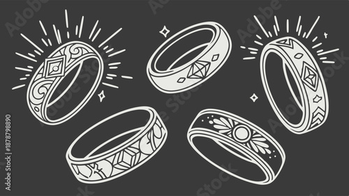 Ornate Magic Jewelry Rings Set for Fantasy Game UI Wedding Design Luxury Engagement Icons
