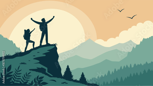 Adventurous Hikers Celebrate Summit Success on Mountain Peak at Sunrise for Travel Adventure Web Design or Outdoor Fitness Campaign