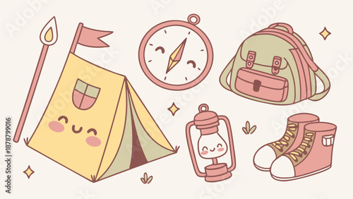 Cute Kawaii Camping Gear Illustration for Kids Summer Adventure Vacation Web Design or Outdoor Activity Promotion