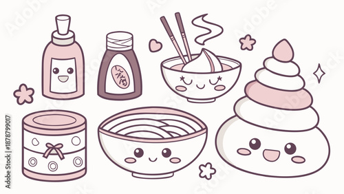 Cute Kawaii Japanese Food Icons for Restaurant Menus Web Design Asian Cuisine Blog Graphics Happy Mood