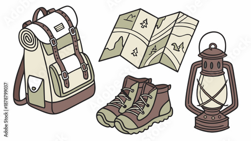 Essential Camping Gear Illustration for Outdoor Adventure Travel Web Design and Hiking Vacation Marketing Materials