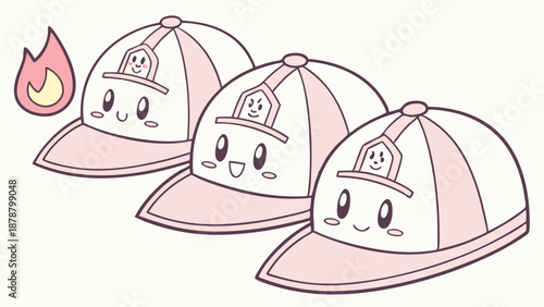 Cute Firefighter Hats with Happy Faces and Flame Icon for Kids Safety Education Design
