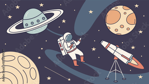 Astronaut Exploring Space Near Planets and Stars with Telescope for Science Education and Cosmic Discovery Illustration