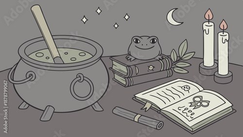 Mystical Witchcraft Potion Brewing with Smiling Toad on Books for Halloween or Occult Design Projects