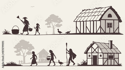 Rustic Medieval Village Life Family Farming Scene Historical Illustration for Educational Websites and Heritage Design Projects