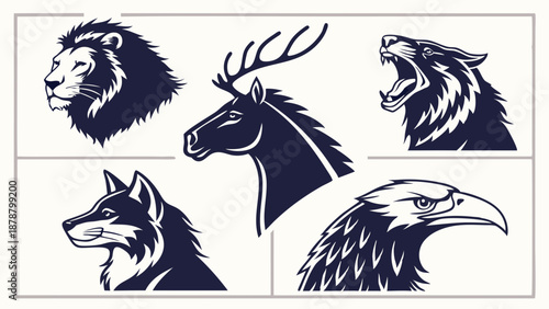 Majestic Animal Head Emblems Set Lion Wolf Deer Eagle Mascot Logos for Sports Teams Branding Tattoos Design