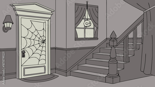 Spooky Haunted House Entrance Hallway with Cobwebs on Door and Dark Staircase for Halloween Design
