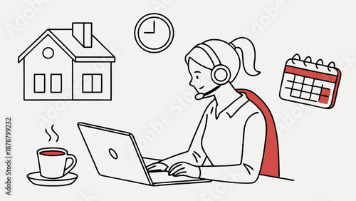Focused Woman Agent Wearing Headset Typing on Laptop for Remote Customer Support Scheduling Work From Home