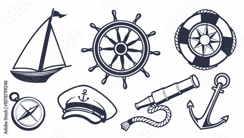 Nautical Vintage Icons Set Sailboat Ship Wheel Anchor Spyglass for Travel Web Design Summer Vacation Branding Projects