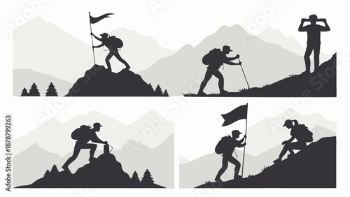 Mountain Climbing Silhouette Set Achieving Success Goal Hiking Adventure Reaching Summit for Web Design and Motivation Posters