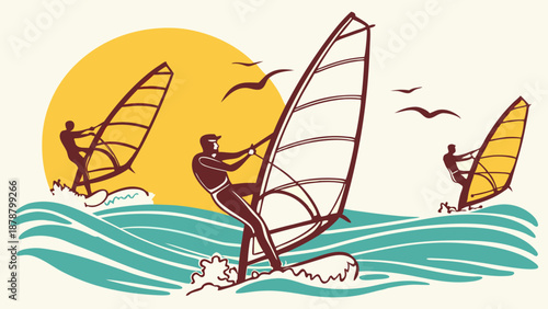 Dynamic Windsurfing Action Silhouette Against Golden Sunset for Summer Sports Travel Vacation Web Banner Design