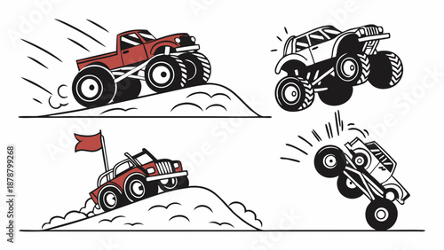 Dynamic Monster Truck Racing Icons Set Off-Road Thrills for Extreme Sports Web Design Adventure Graphics