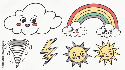 Cute Weather Icons Set for Kids Education App Design Fun Cloud Rainbow Sun Tornado Lightning Illustration