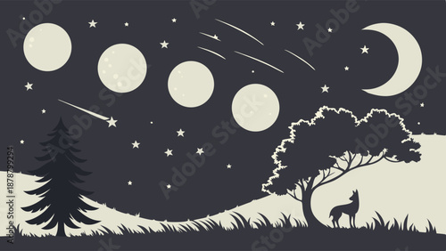 Mystical Night Sky Phases Moon Cycle Meteor Shower Wolf Howling Forest Landscape for Wallpaper Design or Ebook Cover