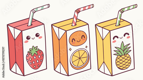 Cute Kawaii Juice Boxes Strawberry Orange Pineapple Drink Packaging for Kids Snack Promotion Web Design Summer Fun