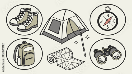 Essential Camping Gear Icons for Outdoor Adventure Travel Web Design Hiking Trip Planning and Summer Vacation Promotion