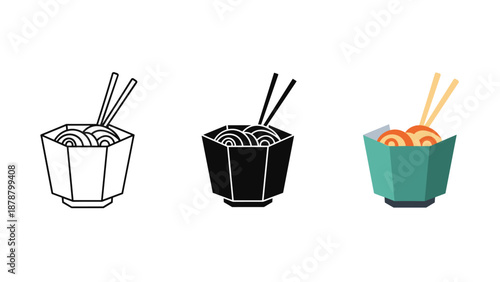 Noodle bowls with chopsticks in black white and green colors