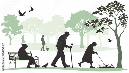 Elderly Seniors Walking and Resting in Sunny Park for Retirement Living Advertising and Healthcare Web Design