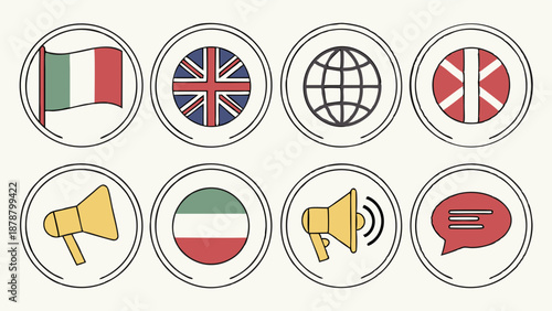Multilingual Communication Icons for Website Translation Services Global Language Support and International Business Expansion UI Elements