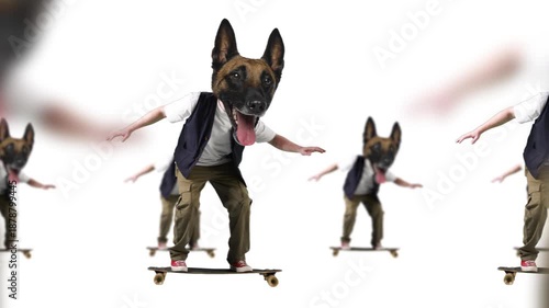 Loop animation. Dog headed skateboarders riding in motion on white background. Concept of youth subculture, freedom, street lifestyle branding, urban attitude, individuality and playful rebellion