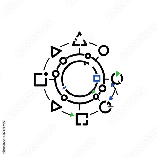 Geometric shapes in circular flowchart with arrows and symbols