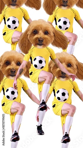 Creative video ad. Dog head athlete playing soccer on white background. Concept of playful sports advertising, humorous fitness promotion, social media content, and creative brand campaigns.