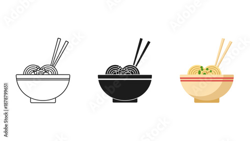 Ramen noodle bowls with chopsticks in line art black and colored versions