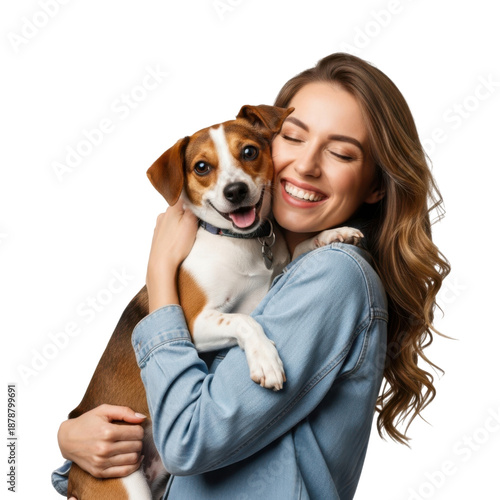 Woman hugging puppy isolated on transparent background