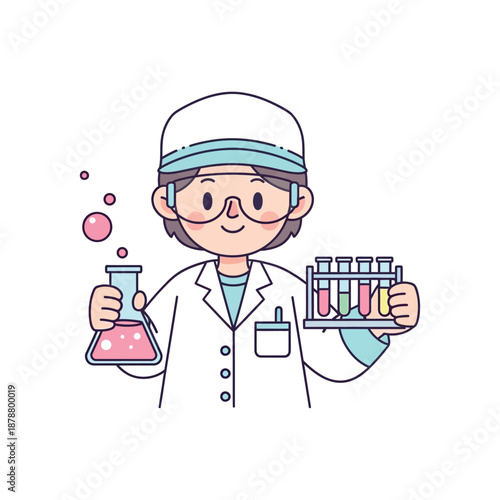 A smiling cartoon scientist holds colored liquids in a beaker and test tubes in a lab.