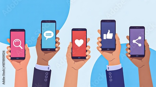 Hands holding smartphones with social media icons
