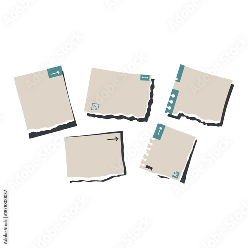 Blank note papers with push pin on board, Set of blank sticky notes with torn edges on white background, perfect for office organization and workspace decor, ideal for reminders and to-do lists