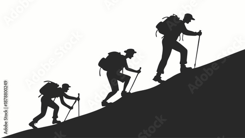 Three Hikers Silhouetted Climbing Steep Mountain Slope Using Trekking Poles Symbolizing Progress Achievement and Outdoor Adventure
