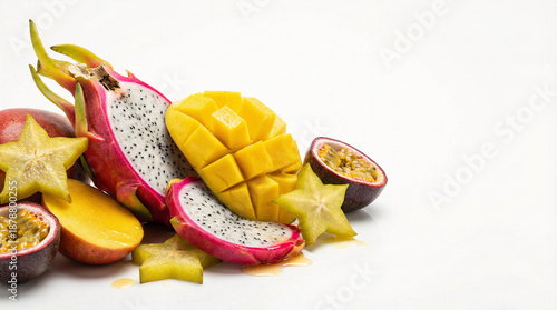 Assortment of vibrant tropical fruits including dragon fruit, mango, passion fruit, and star fruit