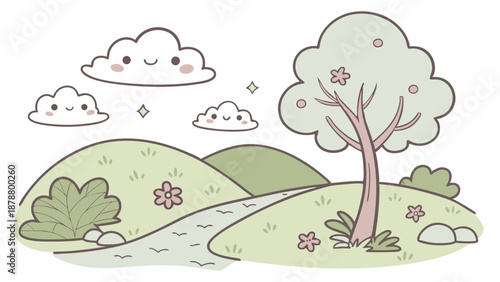 Cute Kawaii Landscape with Happy Clouds Rolling Hills Stream and Spring Tree for Children Book Design or Greeting Card