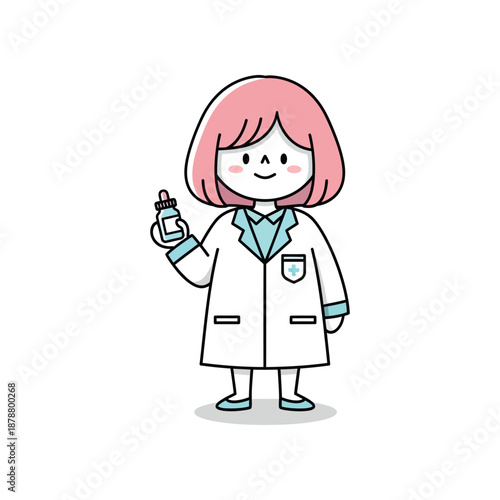 A cartoon illustration of a smiling woman in a lab coat holding a bottle.