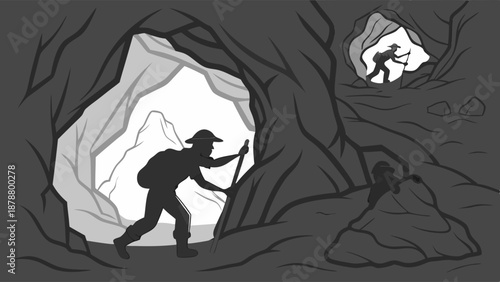 Adventurous Cave Explorer with Backpack and Pickaxe Emerging from Dark Cavern into Bright Light for Discovery and Exploration