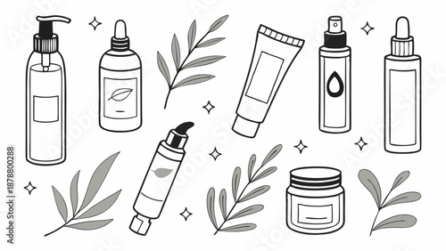 Minimalist Line Art Skincare Products and Botanical Leaves for Beauty Packaging Design and Organic Cosmetics Branding