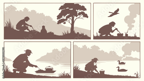 Vintage Silhouette of Hunter Cooking Outdoors by Lake Preparing Meal for Survival or Camping Adventure Journey
